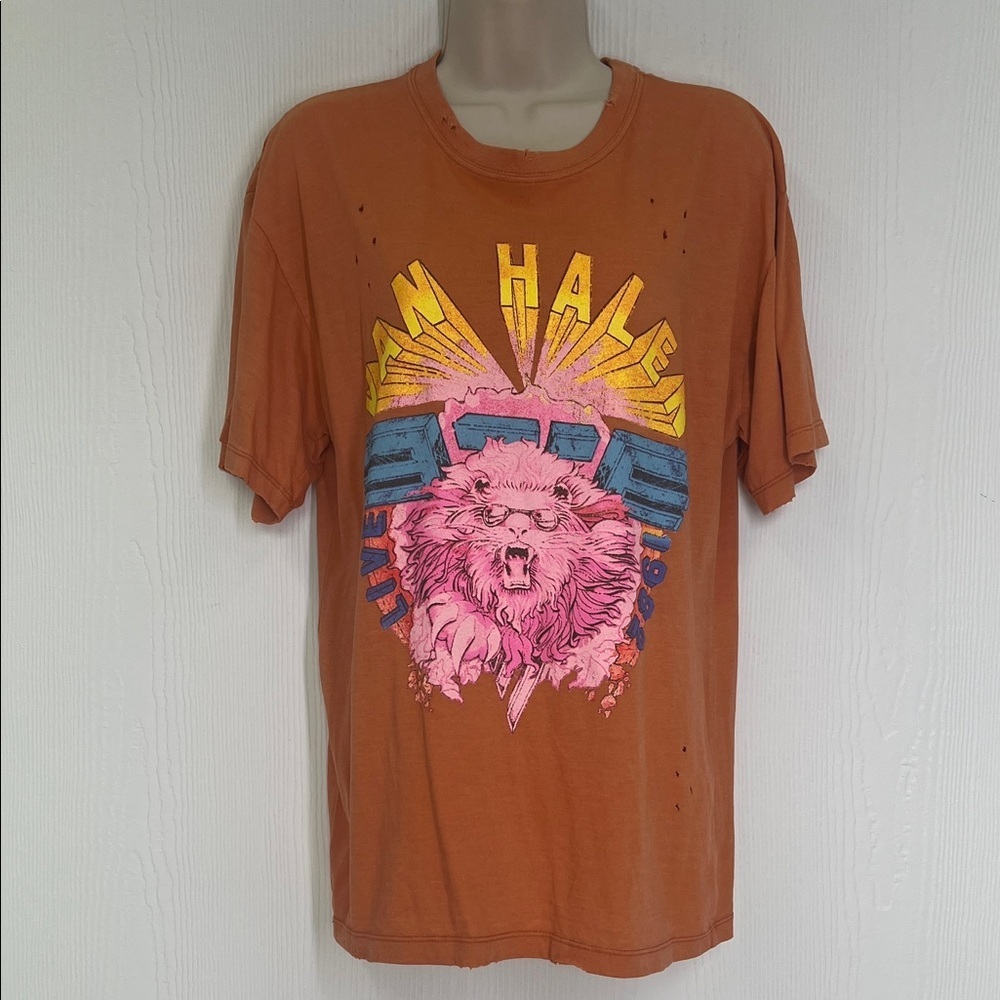 Van Halen - Distressed Orange Lion 1982 Graphic Oversized T Shirt Size XS